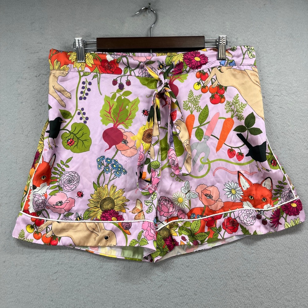 Karen Mabon Pajama Shorts Womens XL Pink Garden Animal Floral Satin Loungewear
